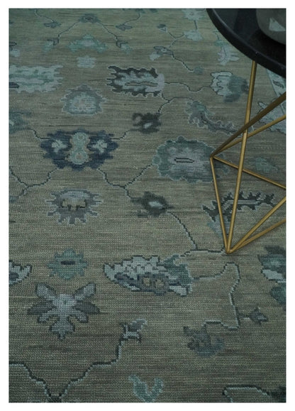 Antique Hand Knotted Beige, Charcoal and Silver Traditional Oushak wool Area Rug.