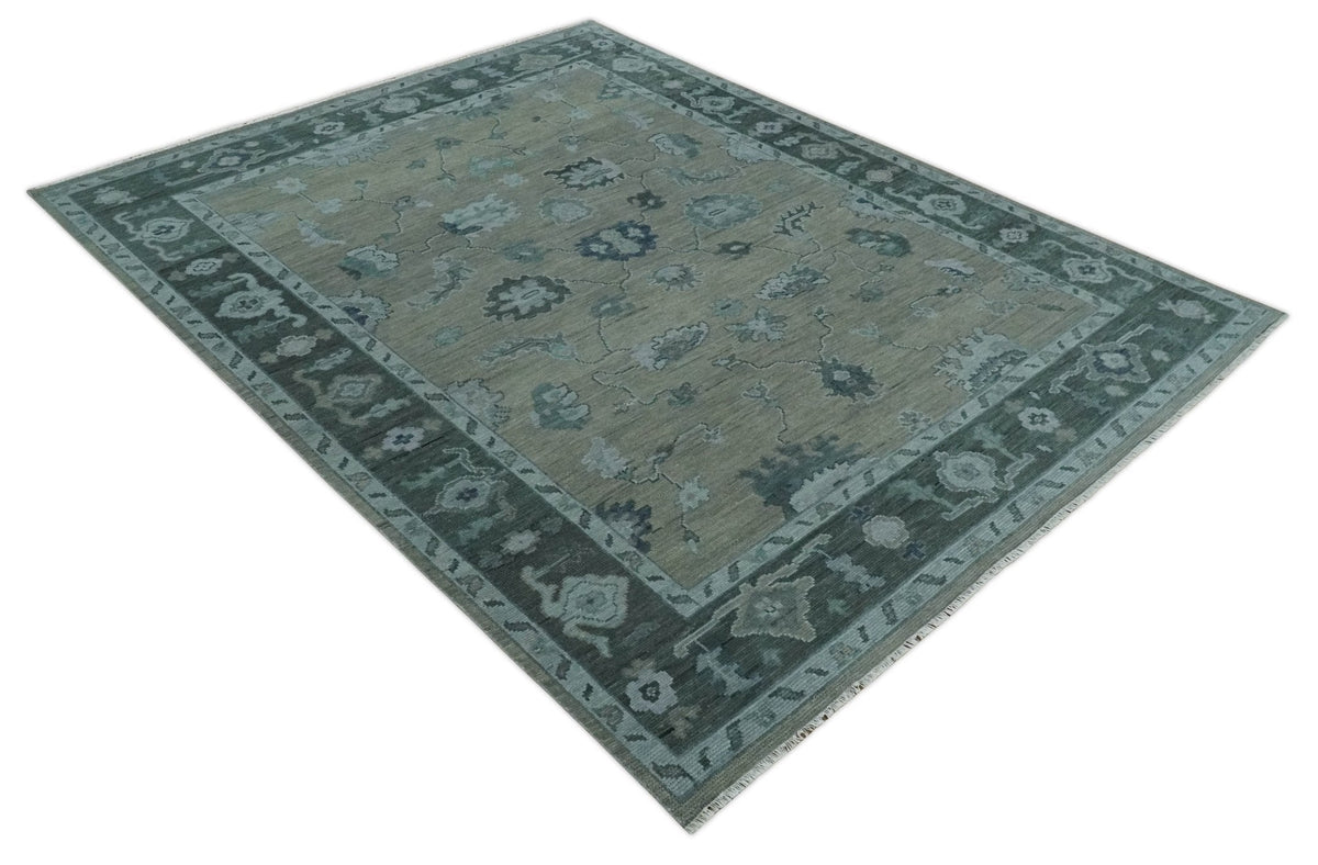 Antique Hand Knotted Beige, Charcoal and Silver Traditional Oushak wool Area Rug.