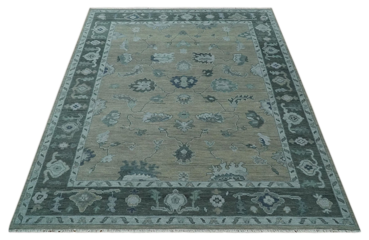 Antique Hand Knotted Beige, Charcoal and Silver Traditional Oushak wool Area Rug.