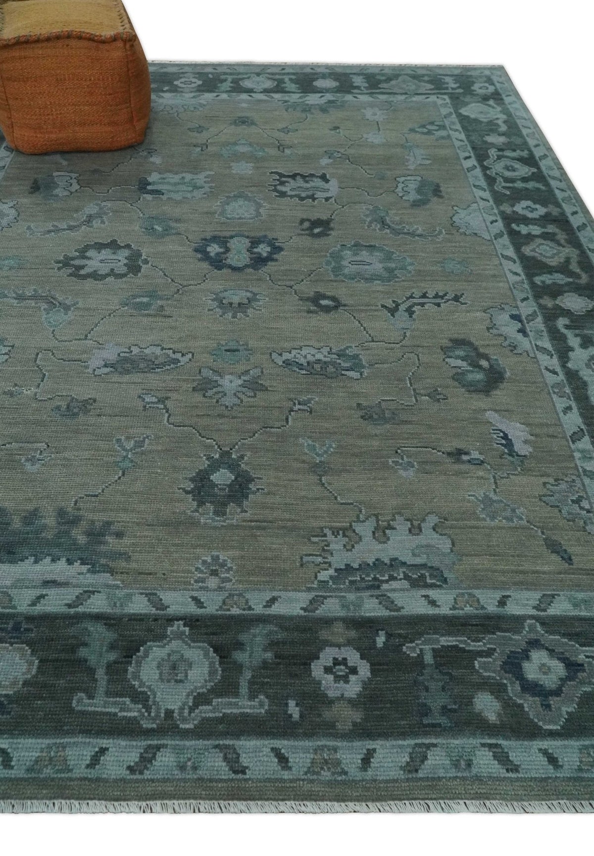 Antique Hand Knotted Beige, Charcoal and Silver Traditional Oushak wool Area Rug.