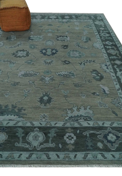 Antique Hand Knotted Beige, Charcoal and Silver Traditional Oushak wool Area Rug.