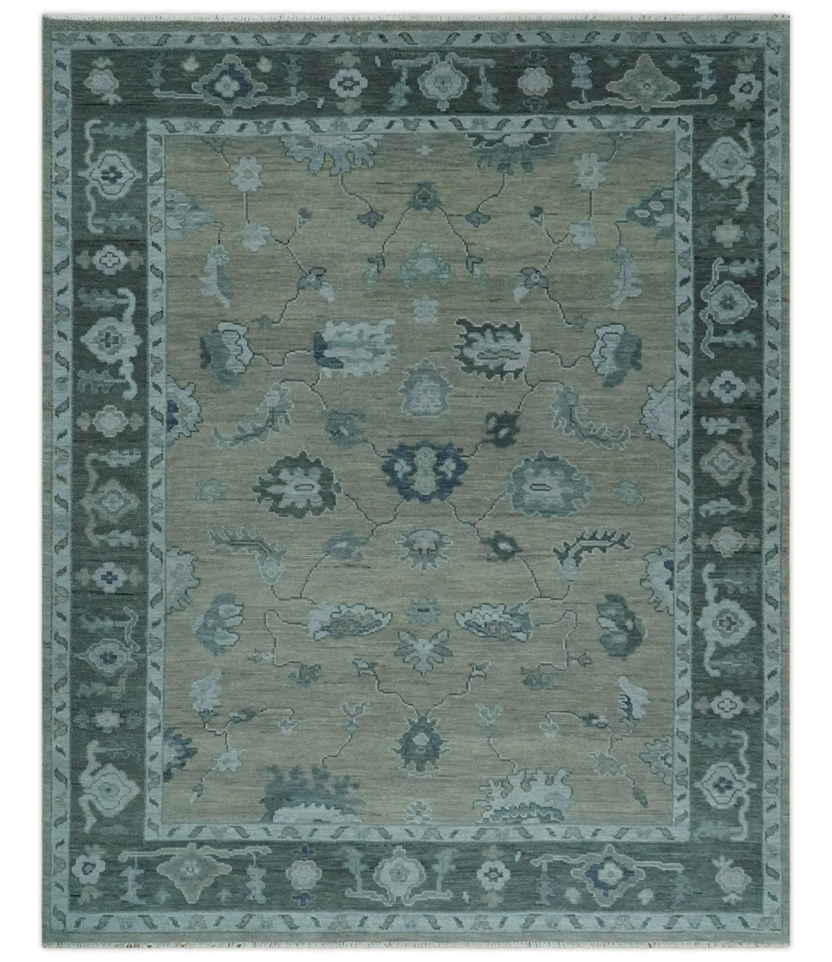 Antique Hand Knotted Beige, Charcoal and Silver Traditional Oushak wool Area Rug.
