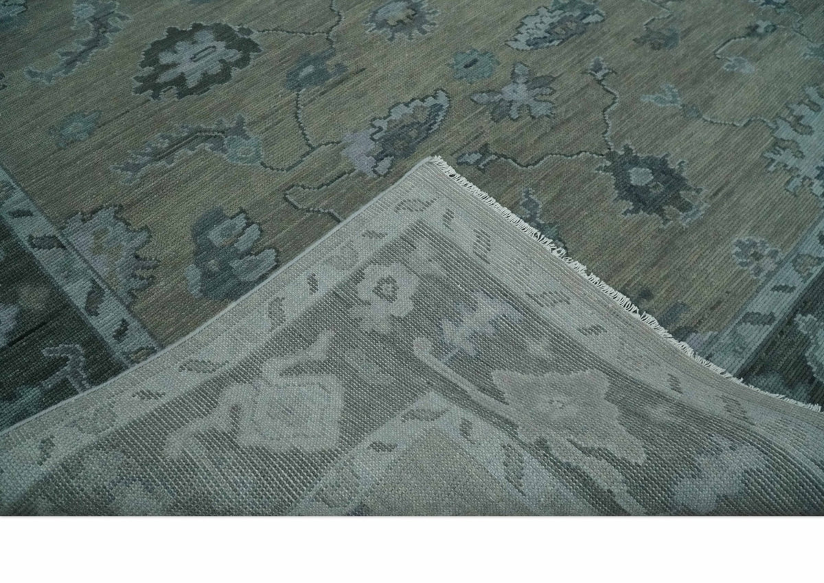 Antique Hand Knotted Beige, Charcoal and Silver Traditional Oushak wool Area Rug.