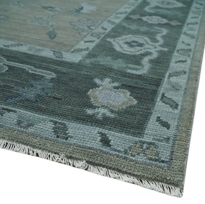Antique Hand Knotted Beige, Charcoal and Silver Traditional Oushak wool Area Rug.