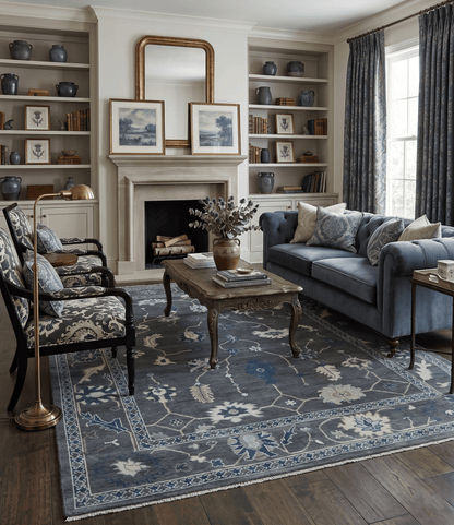 Antique Hand Knotted Oushak Charcoal and Blue Traditional Area Rug.