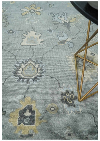 Antique Hand Knotted Silver and Charcoal Traditional Floral Oushak Wool Area Rug.