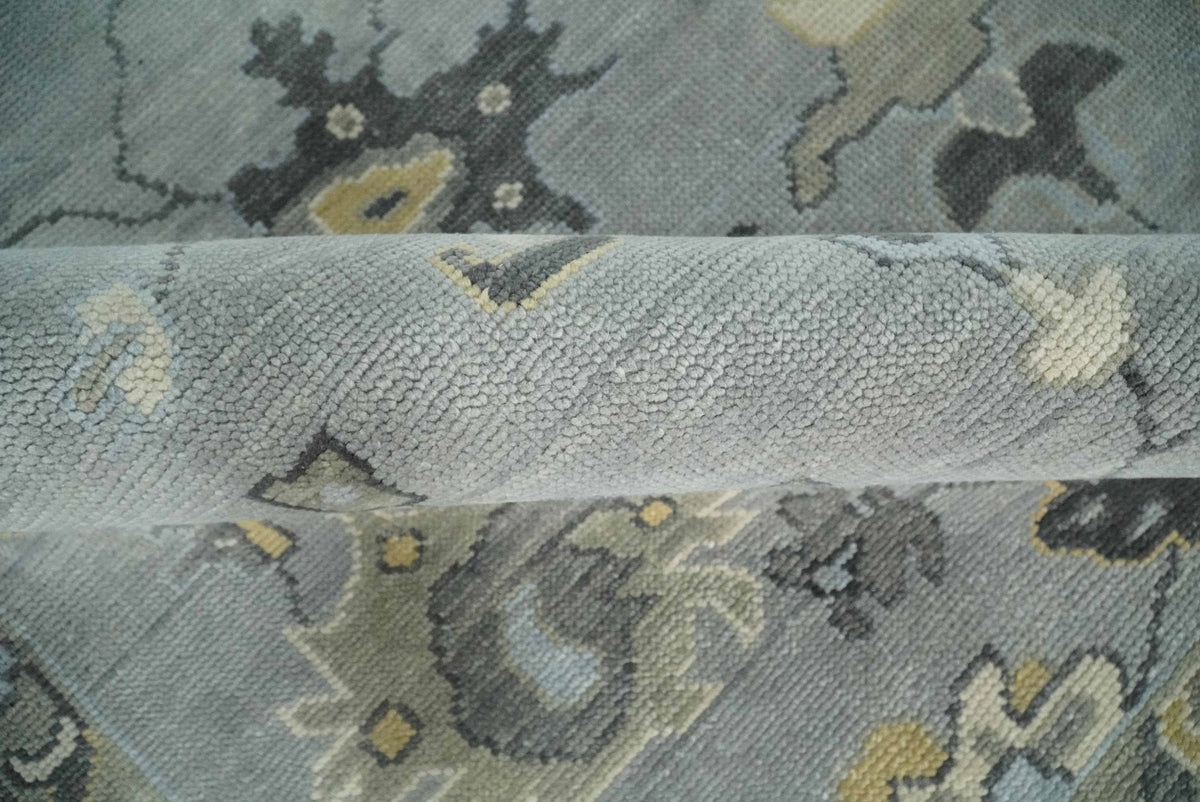 Antique Hand Knotted Silver and Charcoal Traditional Floral Oushak Wool Area Rug.