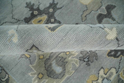 Antique Hand Knotted Silver and Charcoal Traditional Floral Oushak Wool Area Rug.