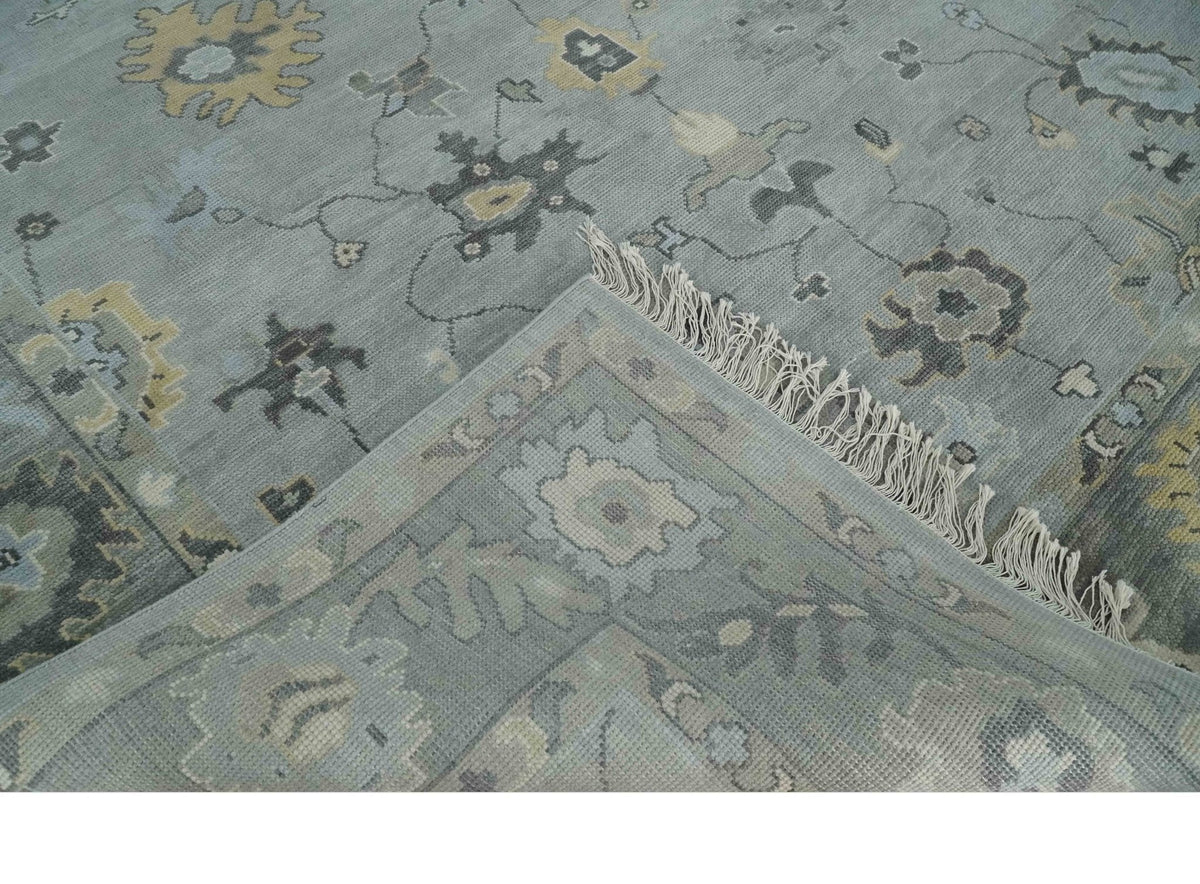 Antique Hand Knotted Silver and Charcoal Traditional Floral Oushak Wool Area Rug.