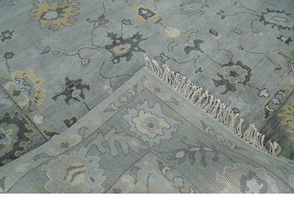 Antique Hand Knotted Silver and Charcoal Traditional Floral Oushak Wool Area Rug.