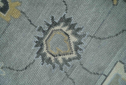 Antique Hand Knotted Silver and Charcoal Traditional Floral Oushak Wool Area Rug.