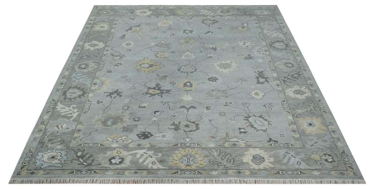 Antique Hand Knotted Silver and Charcoal Traditional Floral Oushak Wool Area Rug.