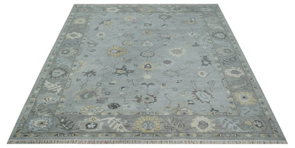 Antique Hand Knotted Silver and Charcoal Traditional Floral Oushak Wool Area Rug.