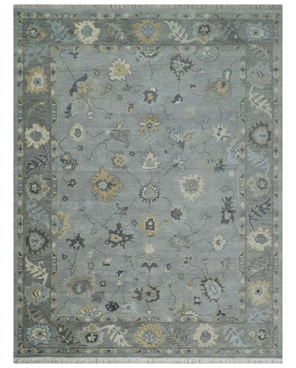 Antique Hand Knotted Silver and Charcoal Traditional Floral Oushak Wool Area Rug.