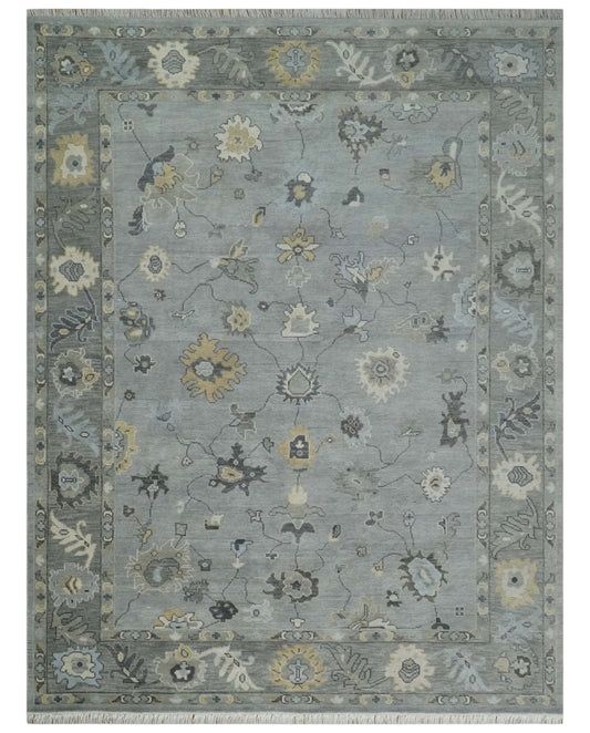 Antique Hand Knotted Silver and Charcoal Traditional Floral Oushak Wool Area Rug.