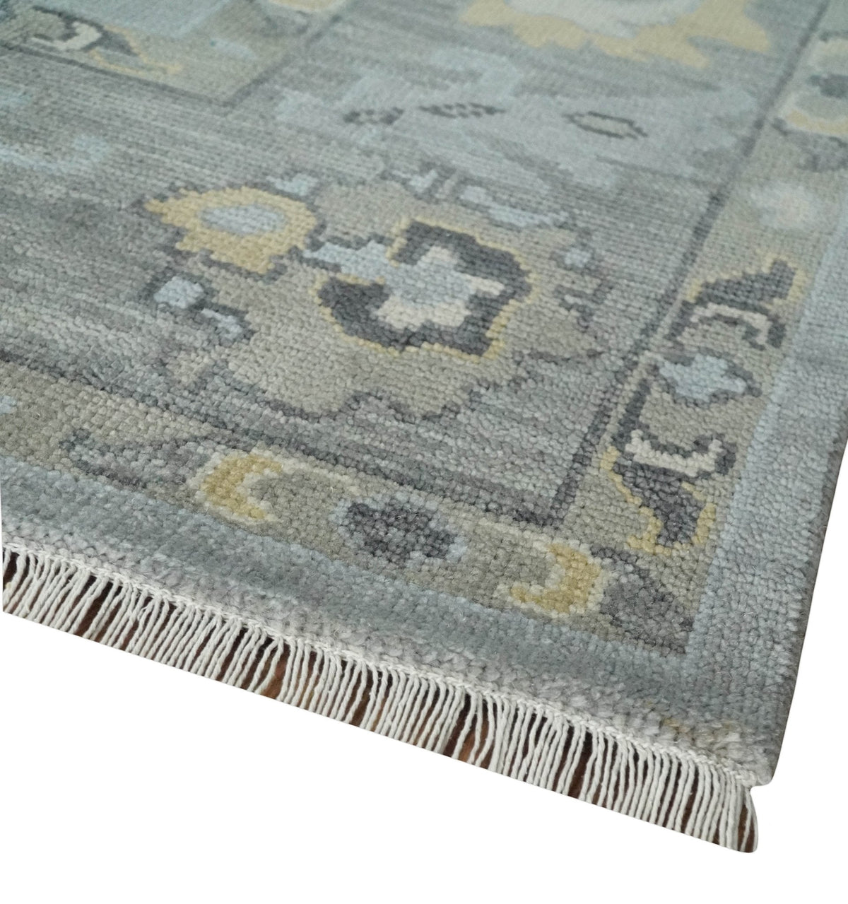 Antique Hand Knotted Silver and Charcoal Traditional Floral Oushak Wool Area Rug.