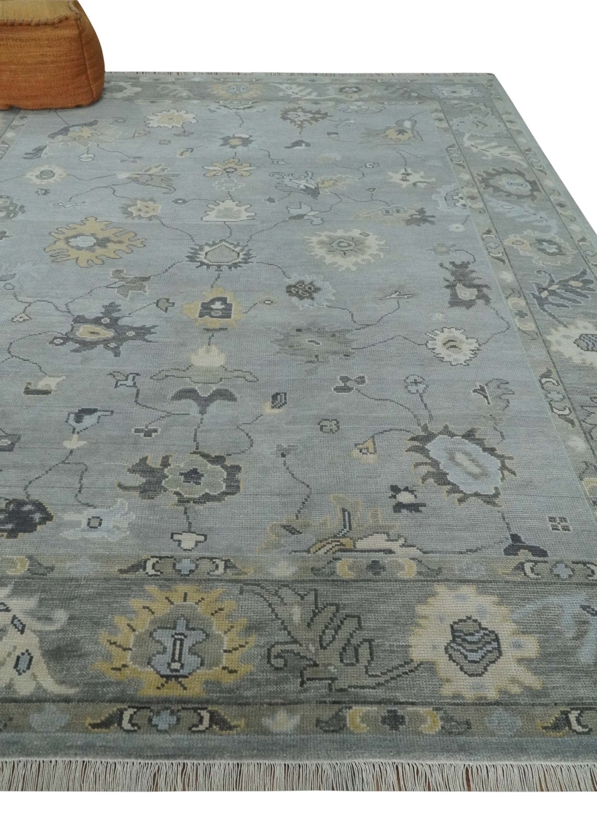 Antique Hand Knotted Silver and Charcoal Traditional Floral Oushak Wool Area Rug.