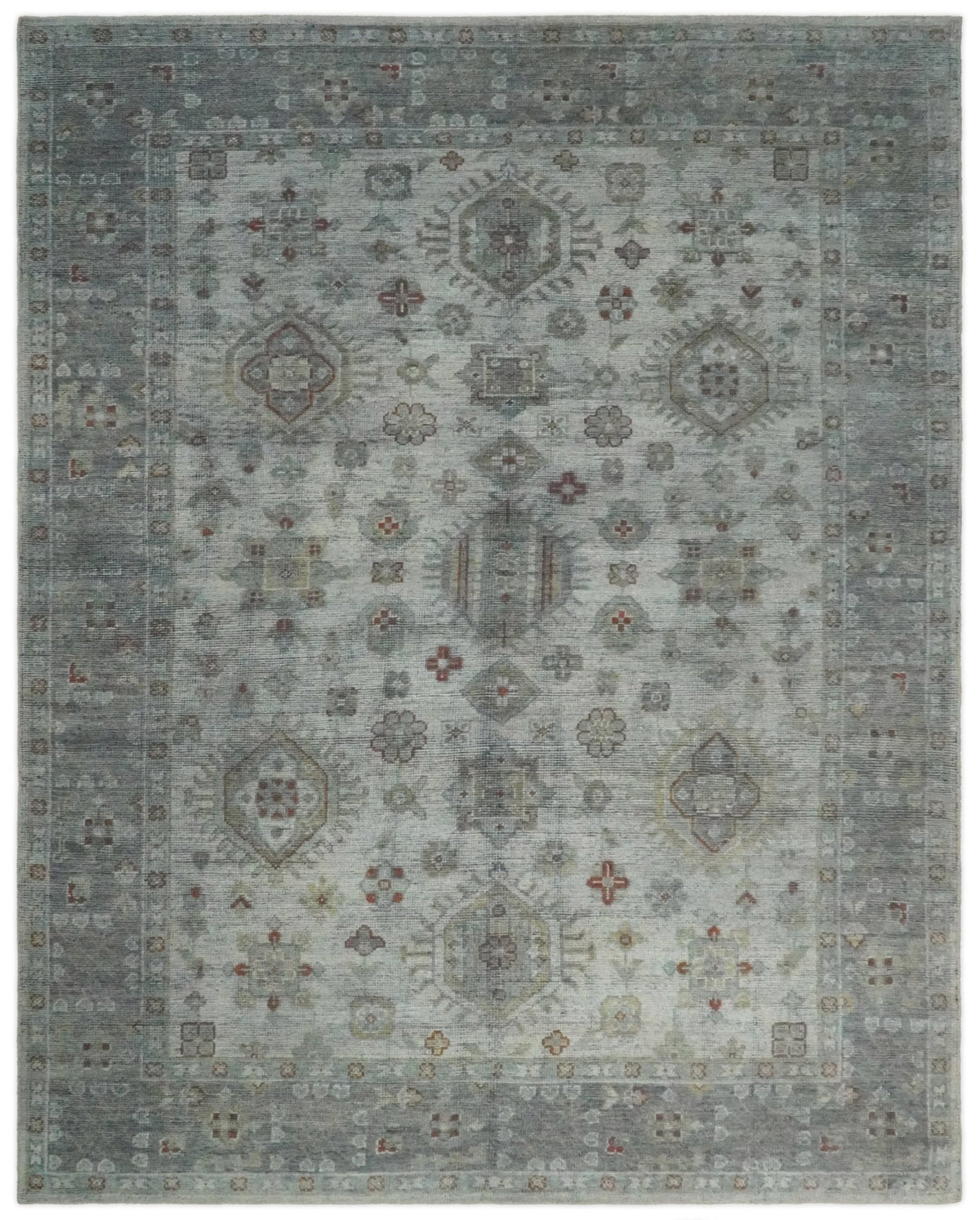 Distressed Hand Knotted Traditional  Silver and Rust Custom Made Wool Area Rug.