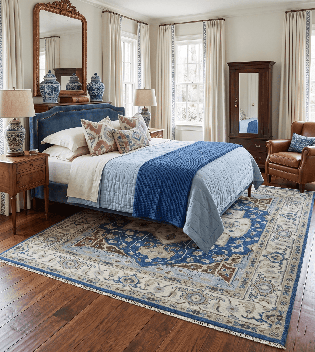 Antique look Blue, Ivory and Olive Traditional Heriz Medallion Multi Size wool Area Rug.