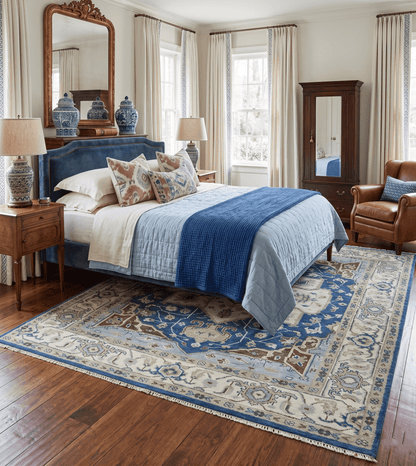 Antique look Blue, Ivory and Olive Traditional Heriz Medallion Multi Size wool Area Rug.