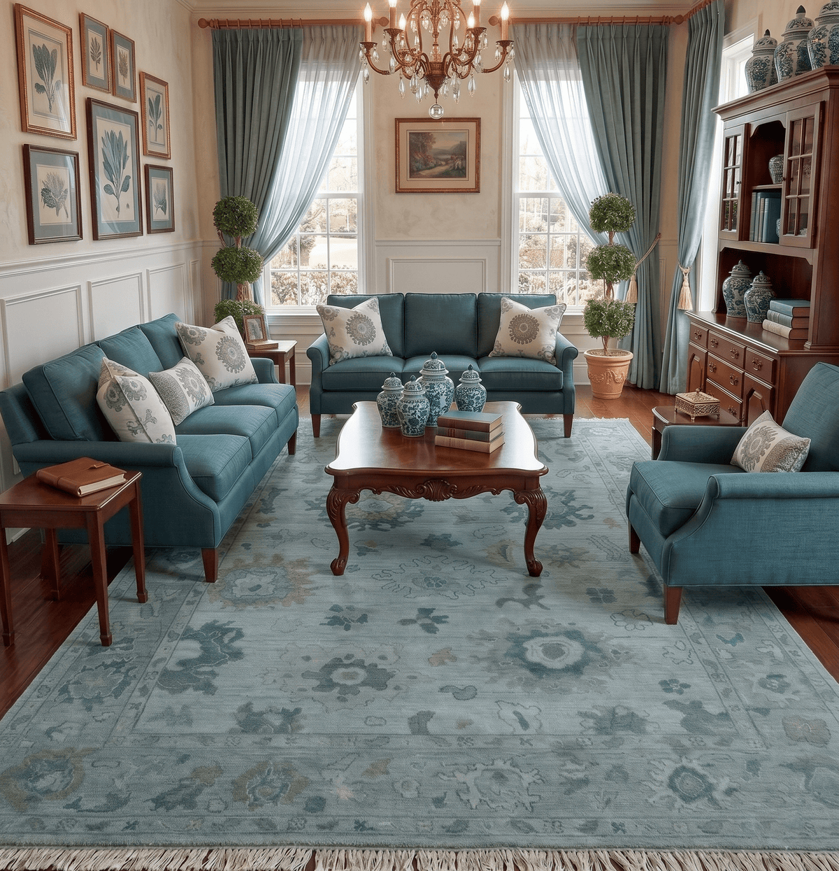 Antique look Bluish Gray Hand knotted Traditional Oushak Multi Size wool area Rug.
