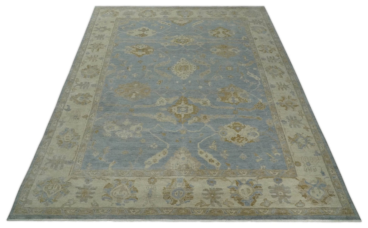 Antique look Charcoal and Beige Hand knotted Traditional Oushak wool Area Rug.