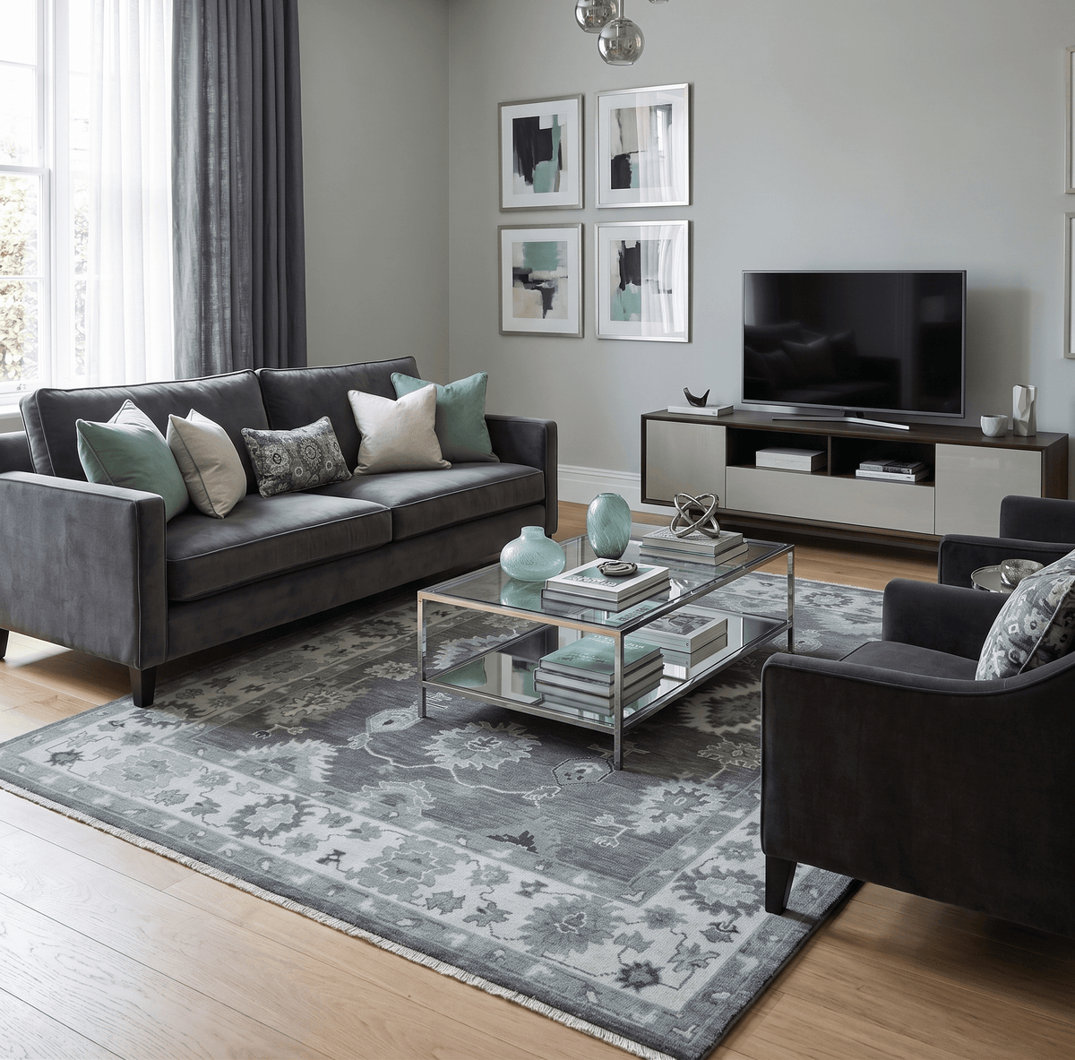 Antique look Charcoal, Ivory and Silver Hand knotted Traditional Oushak Custom Made wool Area Rug.