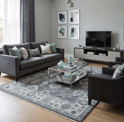 Antique look Charcoal, Ivory and Silver Hand knotted Traditional Oushak Custom Made wool Area Rug.