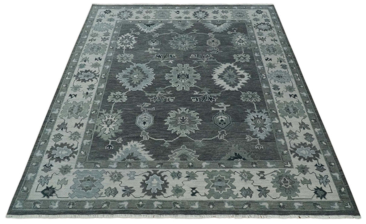 Antique look Charcoal, Ivory and Silver Hand knotted Traditional Oushak Custom Made wool Area Rug.
