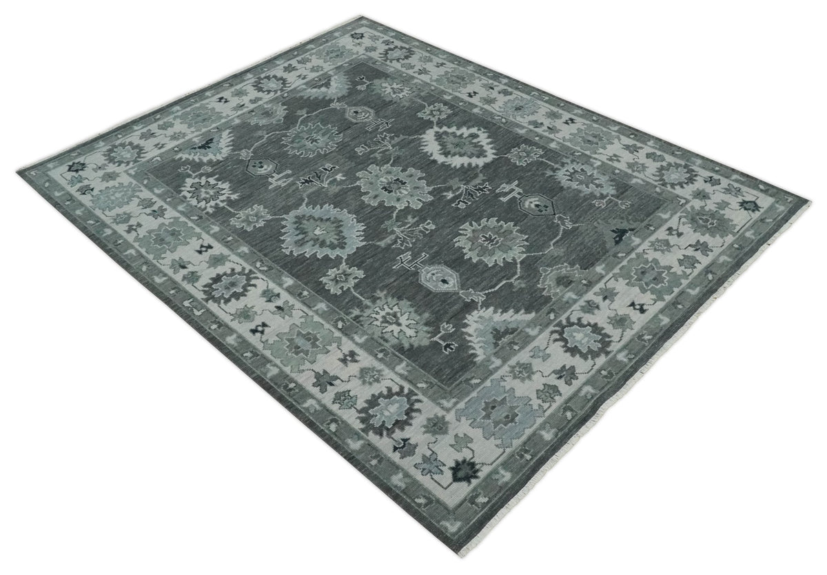 Antique look Charcoal, Ivory and Silver Hand knotted Traditional Oushak Custom Made wool Area Rug.