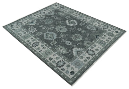 Antique look Charcoal, Ivory and Silver Hand knotted Traditional Oushak Custom Made wool Area Rug.