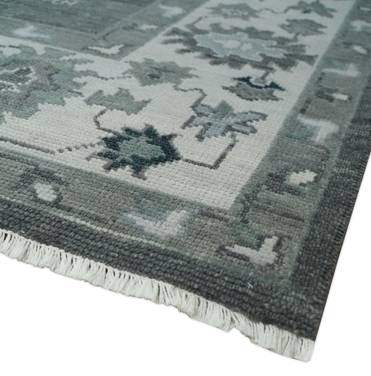 Antique look Charcoal, Ivory and Silver Hand knotted Traditional Oushak Custom Made wool Area Rug.
