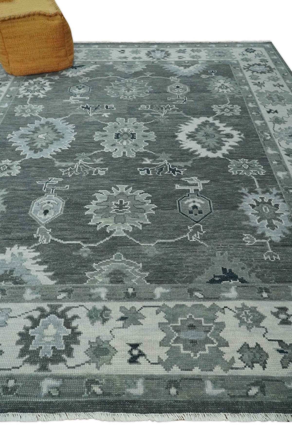 Antique look Charcoal, Ivory and Silver Hand knotted Traditional Oushak Custom Made wool Area Rug.