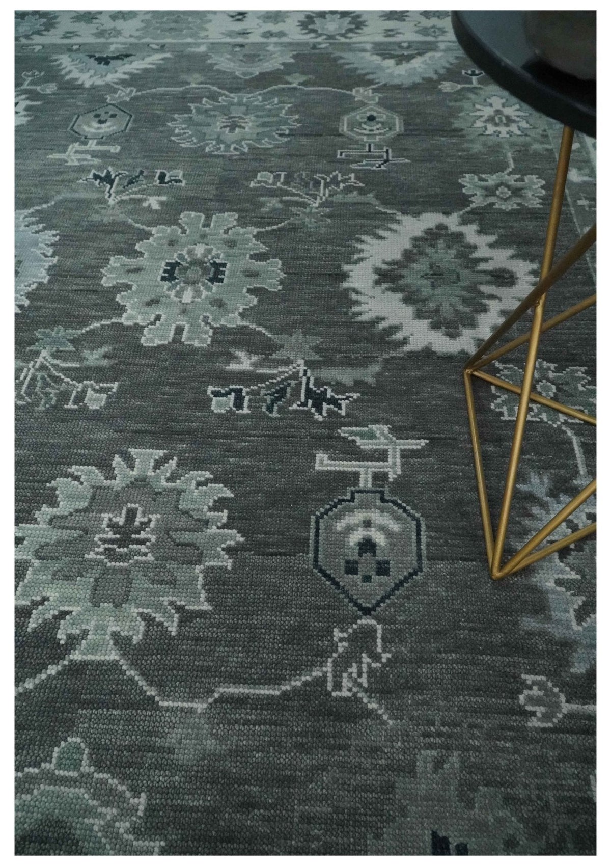Antique look Charcoal, Ivory and Silver Hand knotted Traditional Oushak Custom Made wool Area Rug.