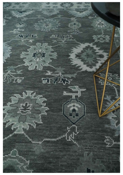 Antique look Charcoal, Ivory and Silver Hand knotted Traditional Oushak Custom Made wool Area Rug.