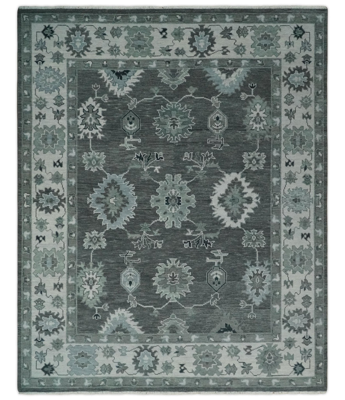 Antique look Charcoal, Ivory and Silver Hand knotted Traditional Oushak Custom Made wool Area Rug.