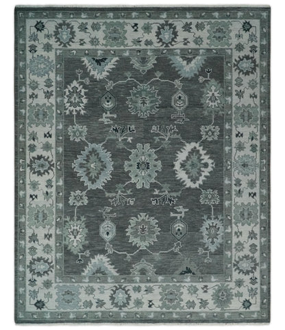 Antique look Charcoal, Ivory and Silver Hand knotted Traditional Oushak Custom Made wool Area Rug.