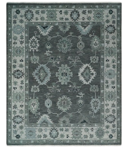 Antique look Charcoal, Ivory and Silver Hand knotted Traditional Oushak Custom Made wool Area Rug.