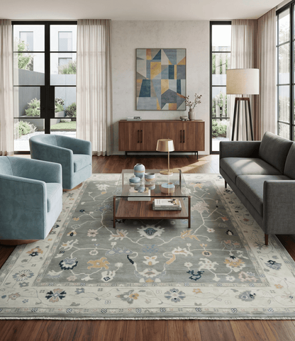 Antique look Gray and Beige Traditional Oushak Custom Made Wool Area Rug.