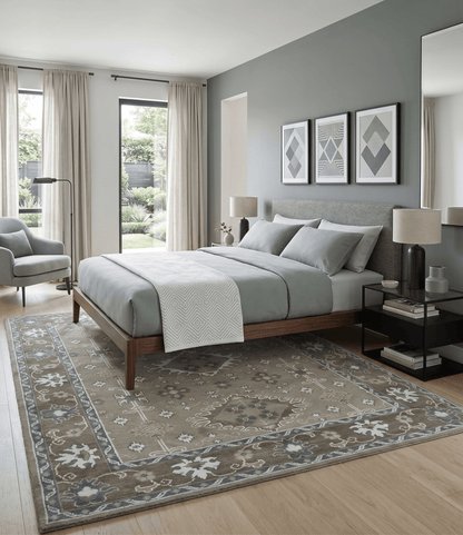 Antique look Grayish-Green and Ivory Hand Knotted Traditional Heriz Custom Made wool Area Rug.