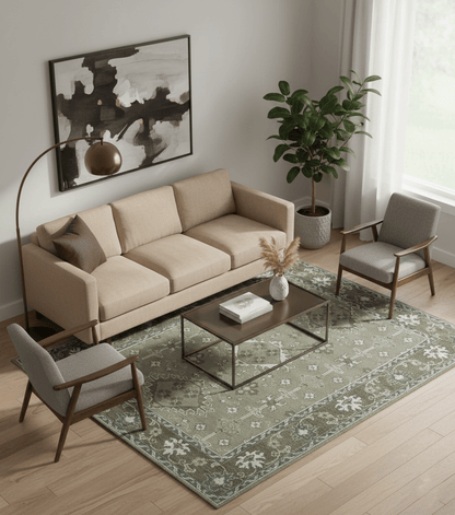 Antique look Grayish-Green and Ivory Hand Knotted Traditional Heriz Custom Made wool Area Rug.