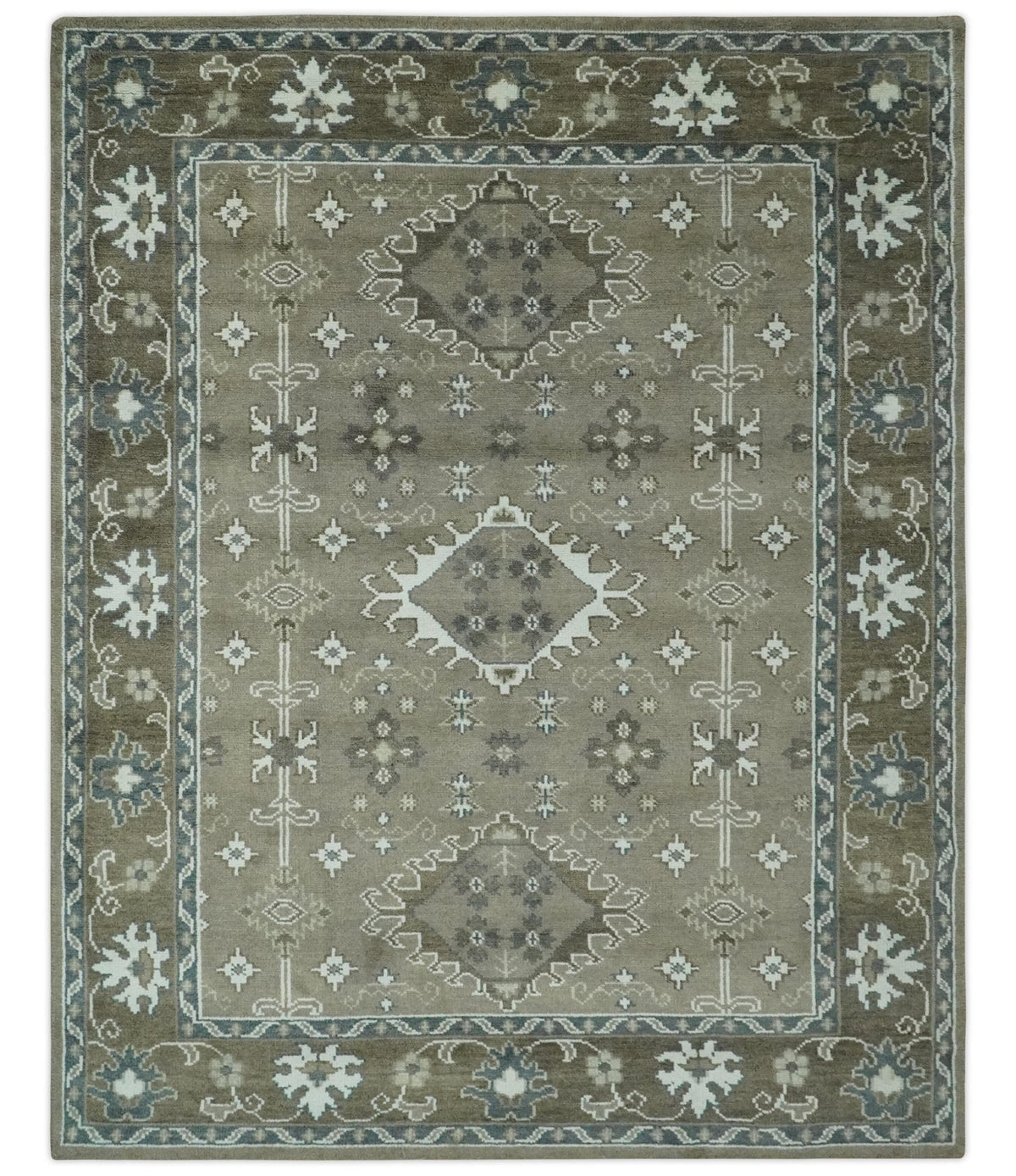 Antique look Grayish-Green and Ivory Hand Knotted Traditional Heriz Custom Made wool Area Rug.