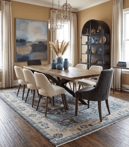 Antique look Hand Knotted Beige and Blue Traditional Heriz Wool Area Rug.