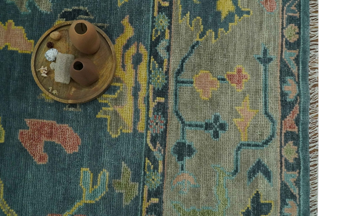 Antique look Teal and Olive Hand Knotted Traditional Oushak Custom Made wool rug.