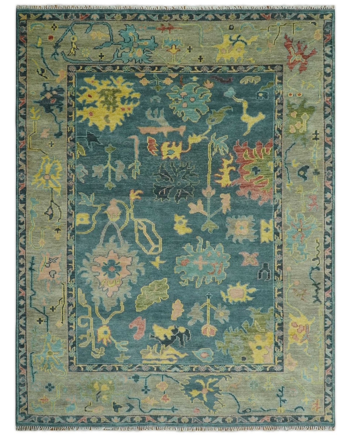 Antique look Teal and Olive Hand Knotted Traditional Oushak Custom Made wool rug.