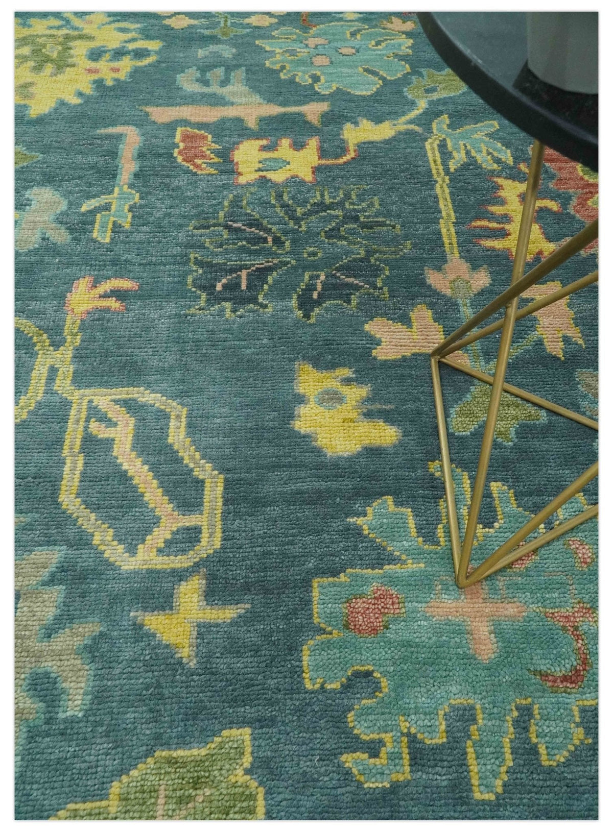 Antique look Teal and Olive Hand Knotted Traditional Oushak Custom Made wool rug.