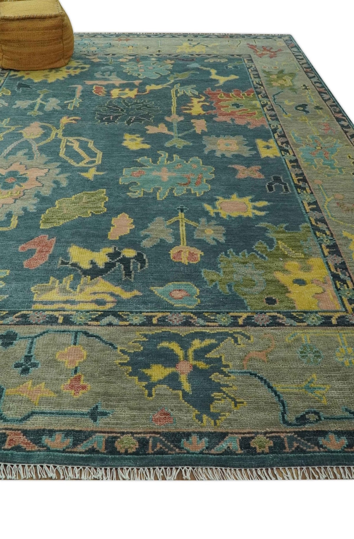 Antique look Teal and Olive Hand Knotted Traditional Oushak Custom Made wool rug.