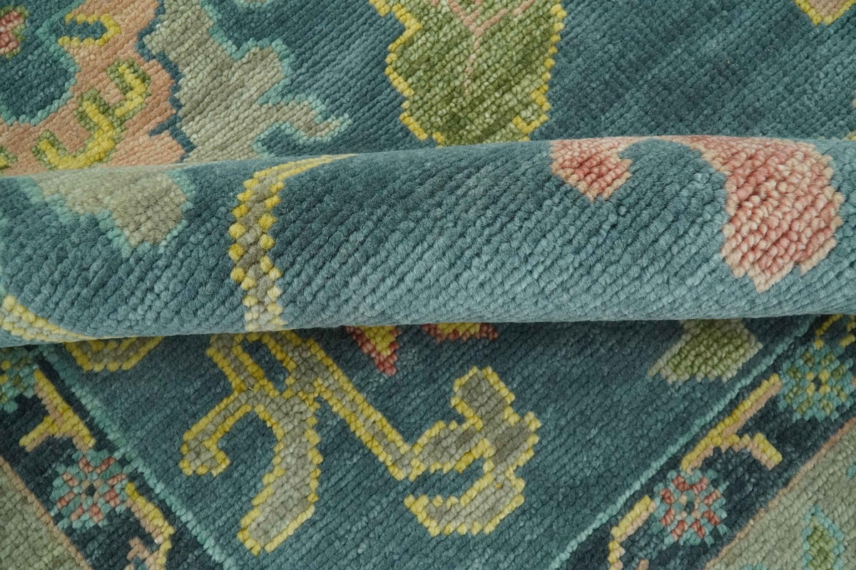 Antique look Teal and Olive Hand Knotted Traditional Oushak Custom Made wool rug.