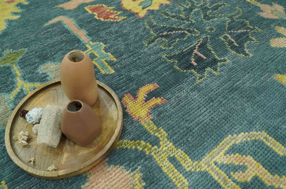 Antique look Teal and Olive Hand Knotted Traditional Oushak Custom Made wool rug.