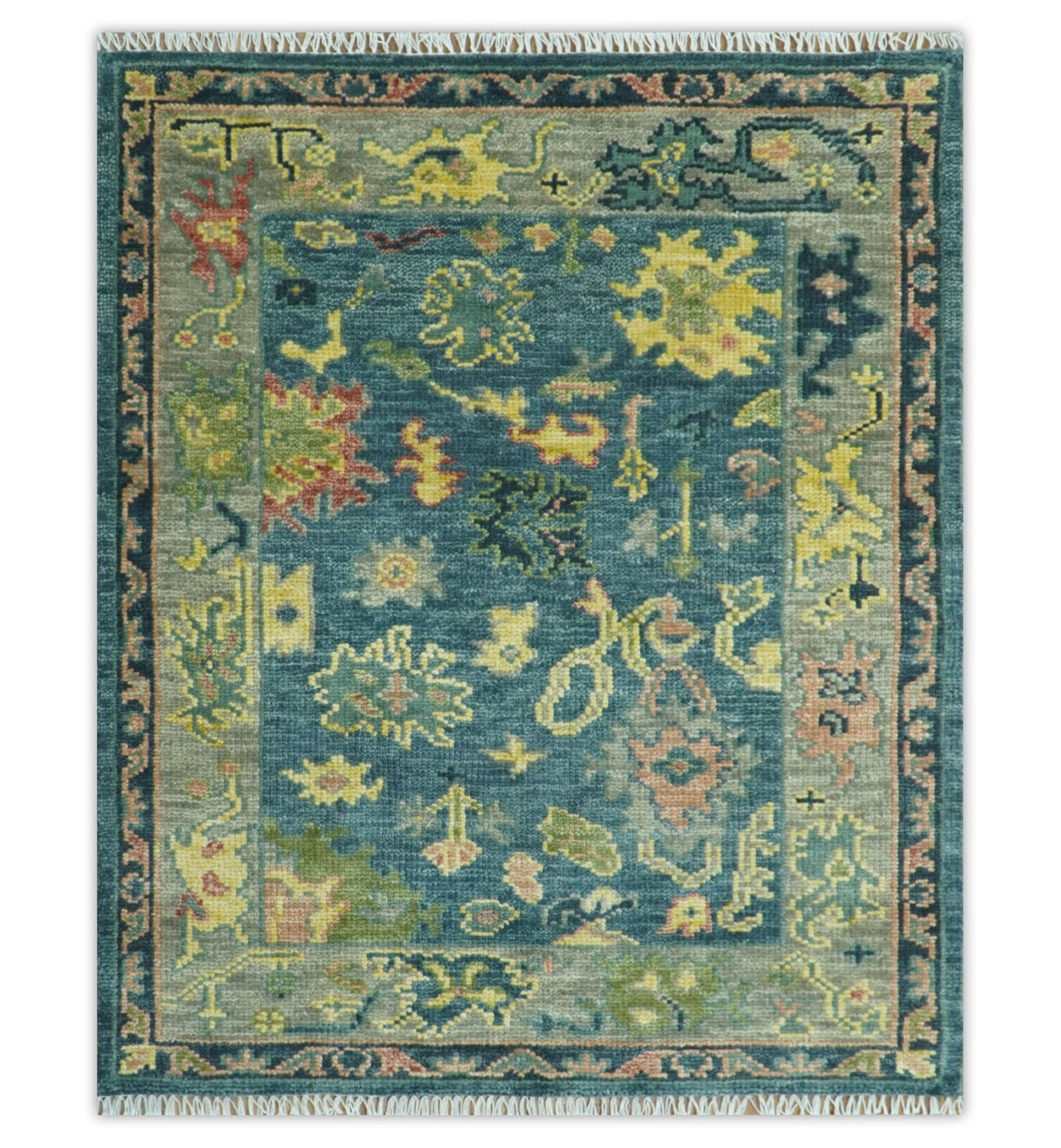 Antique look Teal and Olive Hand Knotted Traditional Oushak Custom Made wool rug.